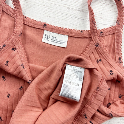 Gap Floral Print Ribbed Tank Top Coral Adjustable Spaghetti Straps NWT 14-16