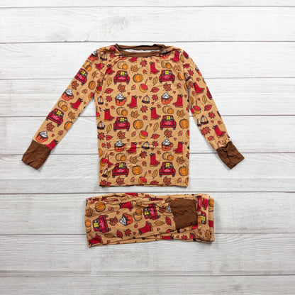 Kiki + Lulu Kids Fall Pajama Set Pumpkin Spice Harvest Print 5-6
