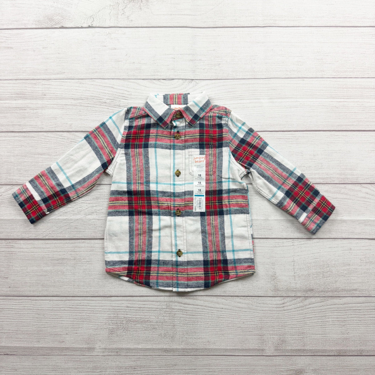 Jumping Beans Toddler Boys Red Green Plaid Button Up Shirt NWT 12-18 Months