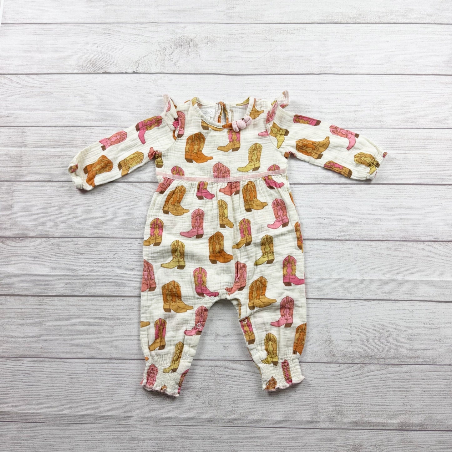 Mud Pie Baby Girl Western Romper Cowboy Boot Print One Piece Cowgirl 6-9 Months