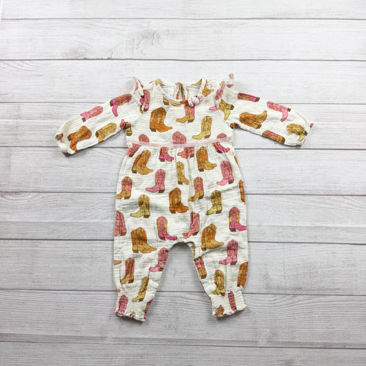 Mud Pie Baby Girl Western Romper Cowboy Boot Print One Piece Cowgirl 6-9 Months
