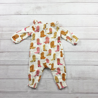 Mud Pie Baby Girl Western Romper Cowboy Boot Print One Piece Cowgirl 6-9 Months
