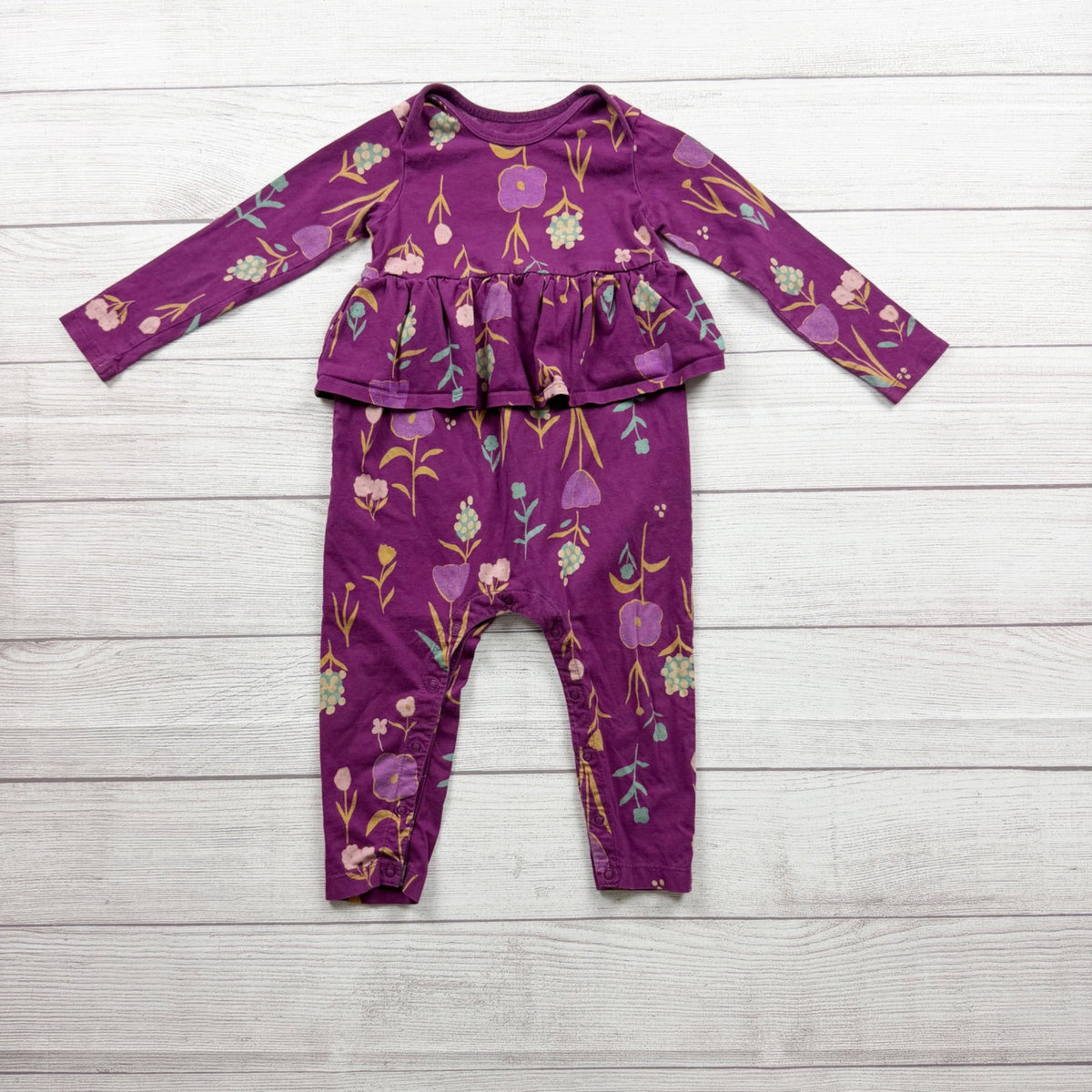 Tea Collection Girls Purple Floral Peplum Romper Long Sleeve 18-24 Months