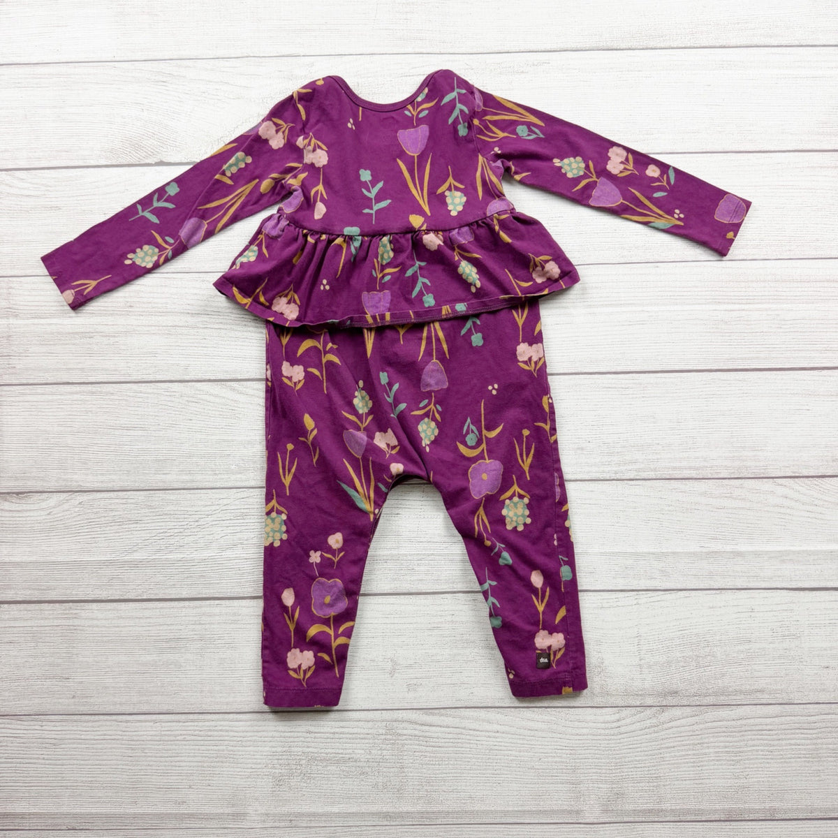 Tea Collection Girls Purple Floral Peplum Romper Long Sleeve 18-24 Months