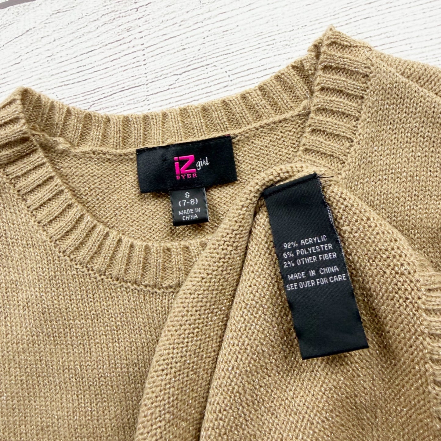 IZ Byer Girls Sweater Dress Tan Gold Knit Long Sleeve Dress Shimmer NWT 7-8