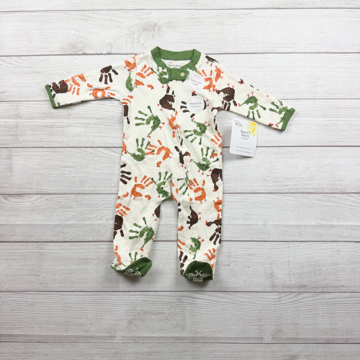 Burt's Bees Baby Organic Cotton Footed Pajamas Turkey Hand Print NWT 0-3 Months
