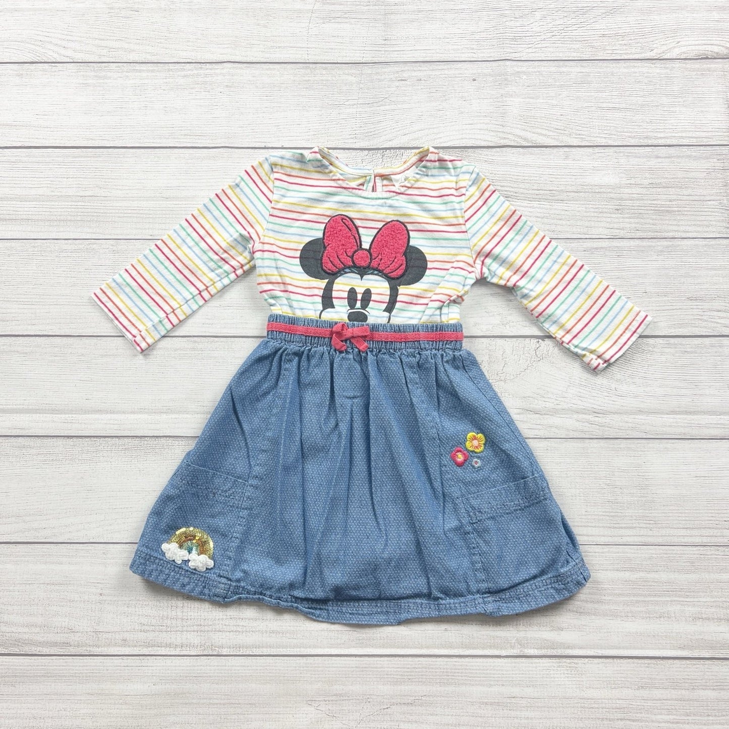 Disney Minnie Mouse Girls Dress Rainbow Stripe Long Sleeve Denim Skirt Pocket 4