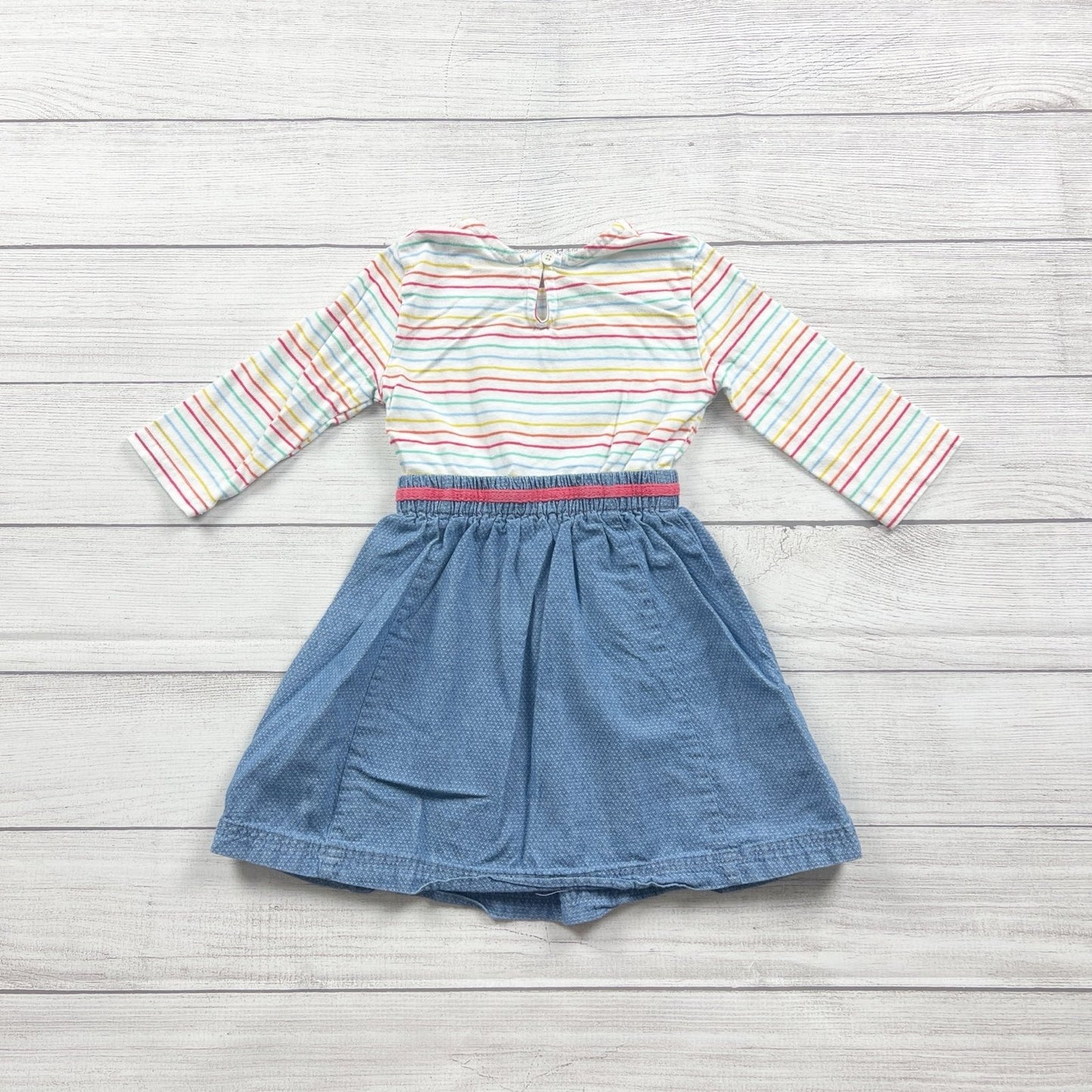 Disney Minnie Mouse Girls Dress Rainbow Stripe Long Sleeve Denim Skirt Pocket 4