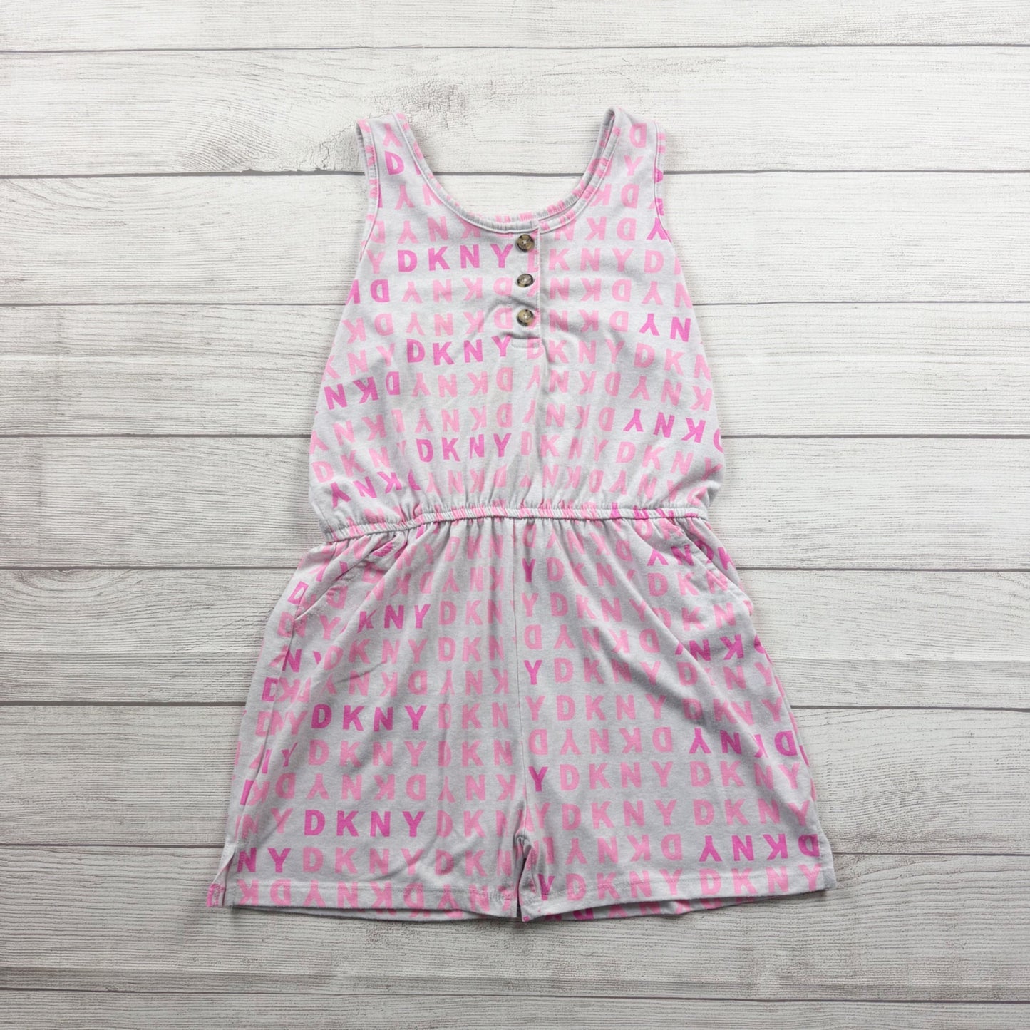 DKNY Girls Romper Gray Pink Logo Print Sleeveless Shorts One Piece 14-16 XL