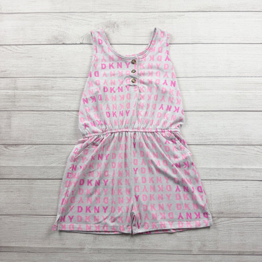 DKNY Girls Romper Gray Pink Logo Print Sleeveless Shorts One Piece 14-16 XL