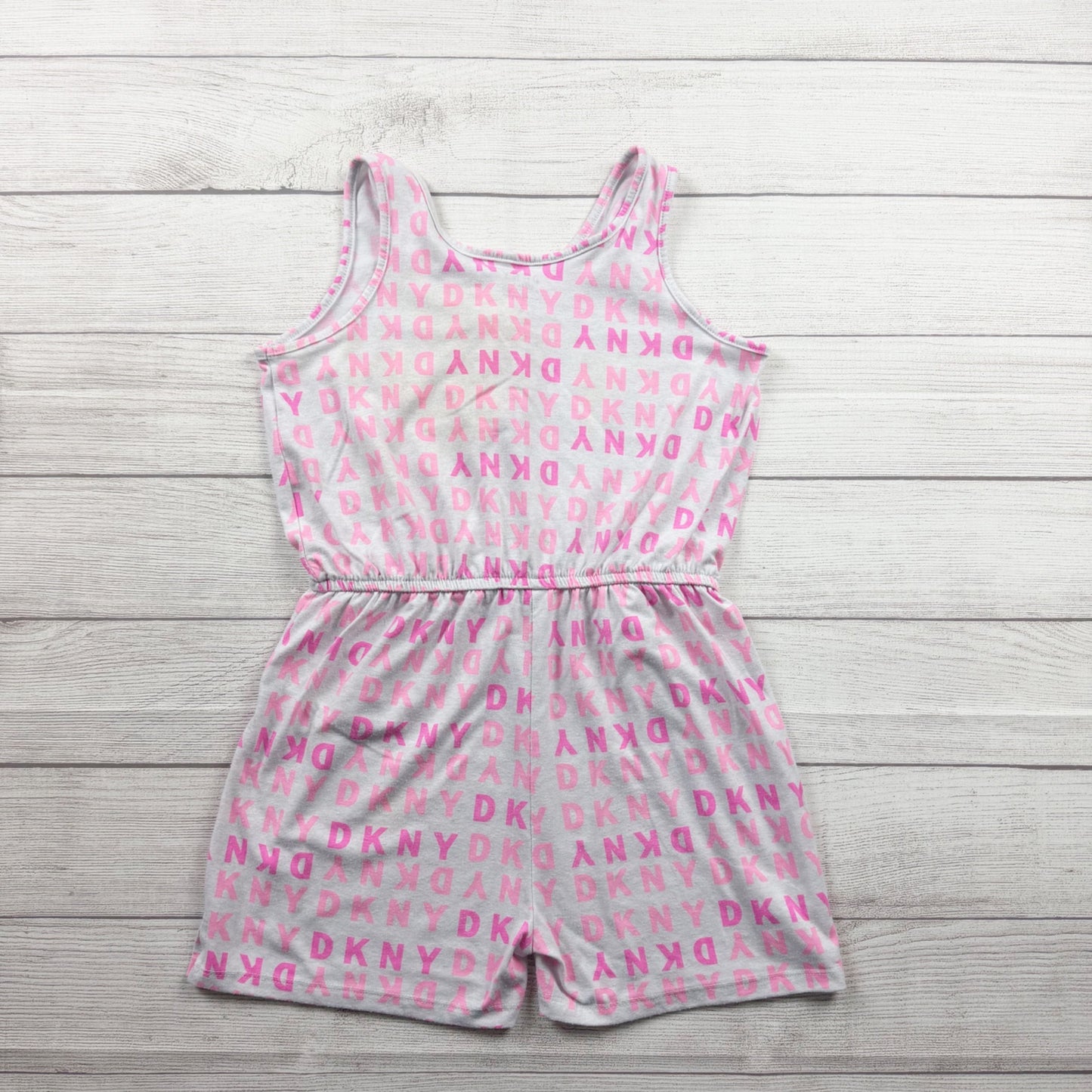 DKNY Girls Romper Gray Pink Logo Print Sleeveless Shorts One Piece 14-16 XL