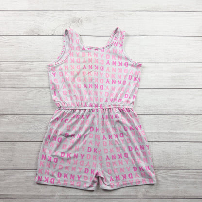 DKNY Girls Romper Gray Pink Logo Print Sleeveless Shorts One Piece 14-16 XL