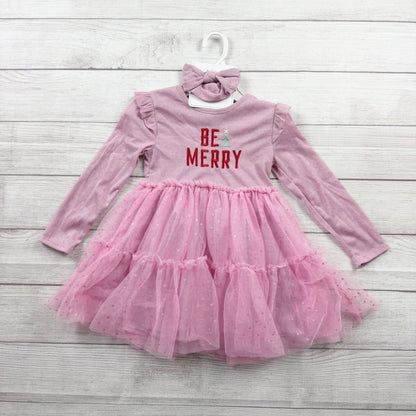 Joyful Moments Girls Be Merry Dress Pink Tulle Skirt Long Sleeve Bow Set NWT 5