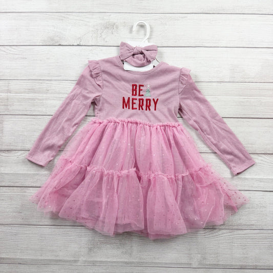Joyful Moments Girls Be Merry Dress Pink Tulle Skirt Long Sleeve Bow Set NWT 5