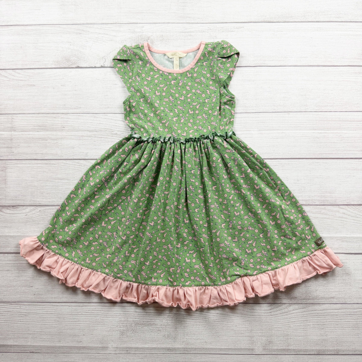 Matilda Jane Girls Green Floral Bunny Cap Sleeve Dress Ruffle Trim Cotton 6