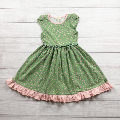 Matilda Jane Girls Green Floral Bunny Cap Sleeve Dress Ruffle Trim Cotton 6
