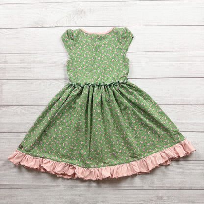 Matilda Jane Girls Green Floral Bunny Cap Sleeve Dress Ruffle Trim Cotton 6