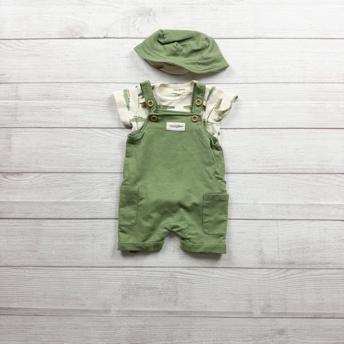 Rabbit + Bear Baby Outfit Alligator Print Bodysuit Green Overalls Hat 3-6 Months