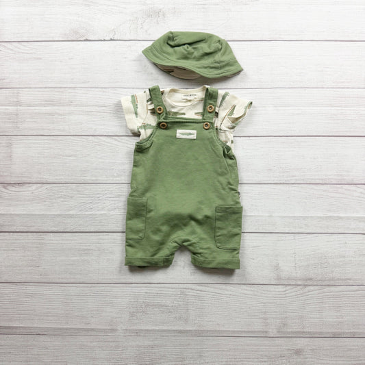Rabbit + Bear Baby Outfit Alligator Print Bodysuit Green Overalls Hat 3-6 Months