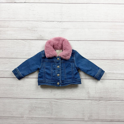 First Impressions Denim Baby Jacket Pink Fuzzy Collar Button Front 0-3 Months