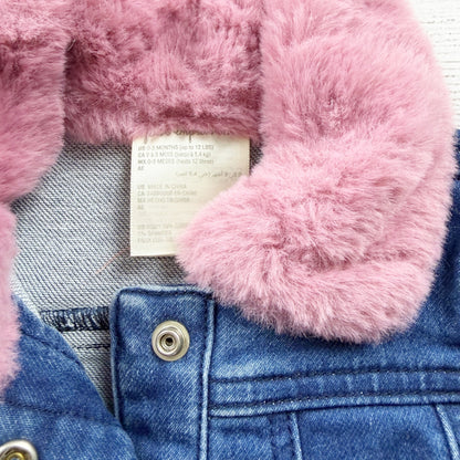First Impressions Denim Baby Jacket Pink Fuzzy Collar Button Front 0-3 Months
