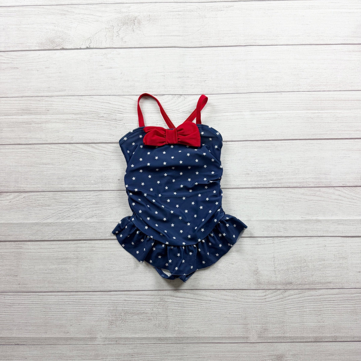 Gymboree Girls Star Print One Piece Swimsuit Skirt Bow Accent Navy 4T