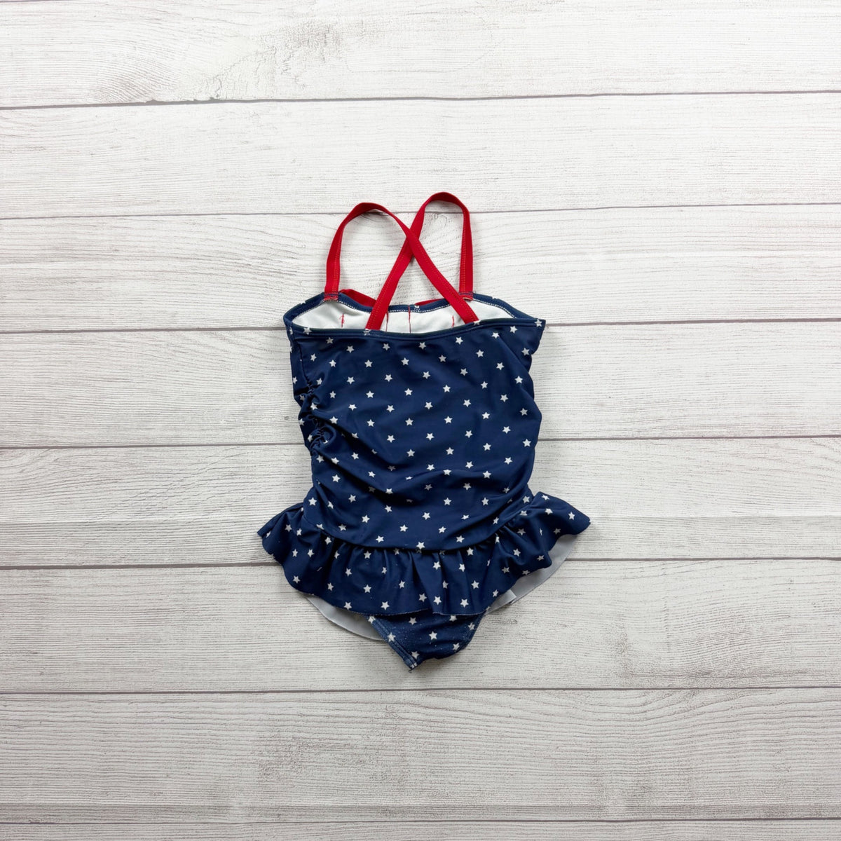 Gymboree Girls Star Print One Piece Swimsuit Skirt Bow Accent Navy 4T