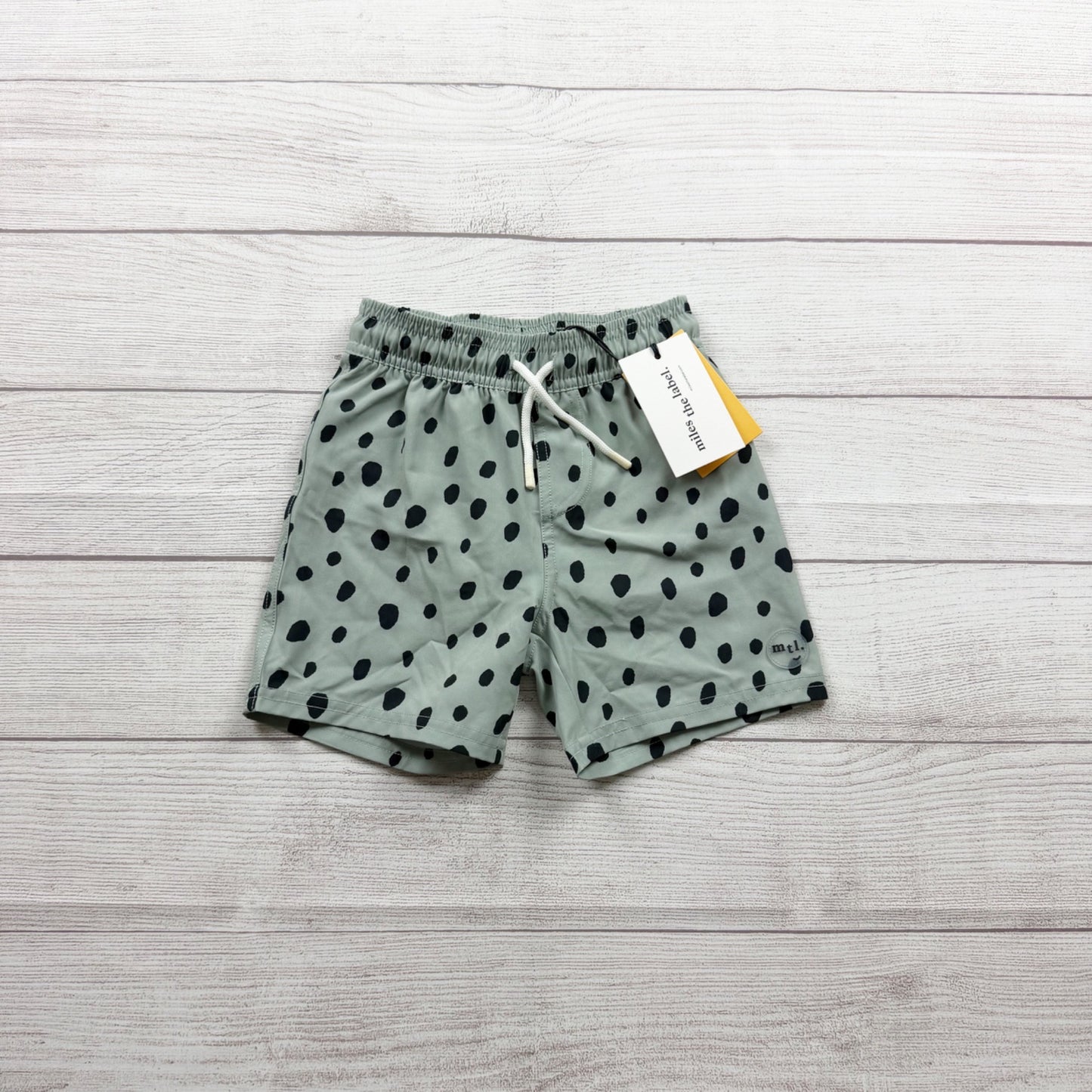 Miles The Label Kids Swim Shorts Green Black Dot Drawstring Elastic NWT 4