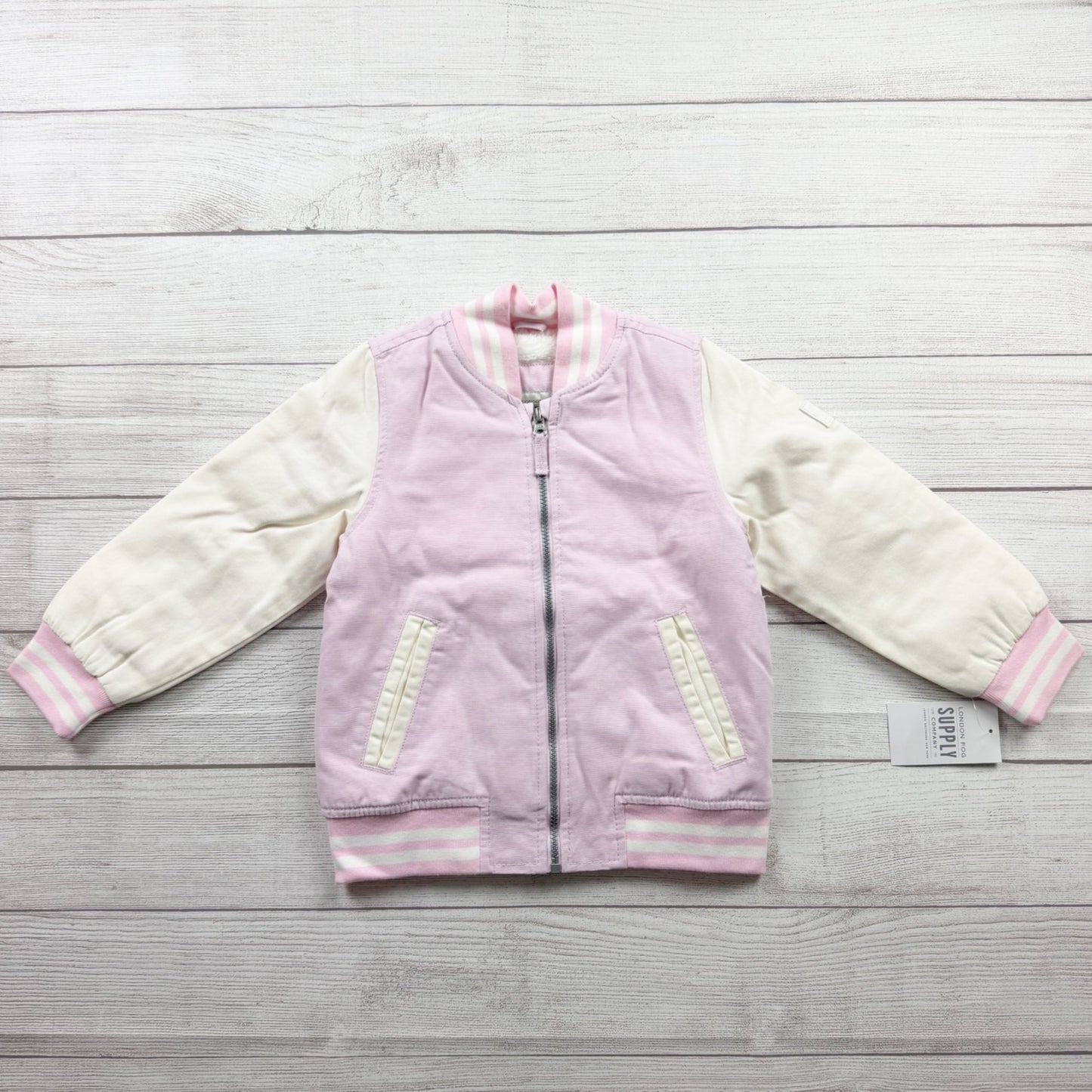 London Fog Girls Varsity Jacket Pink Sherpa Lined Bomber Zip Up NWT 4