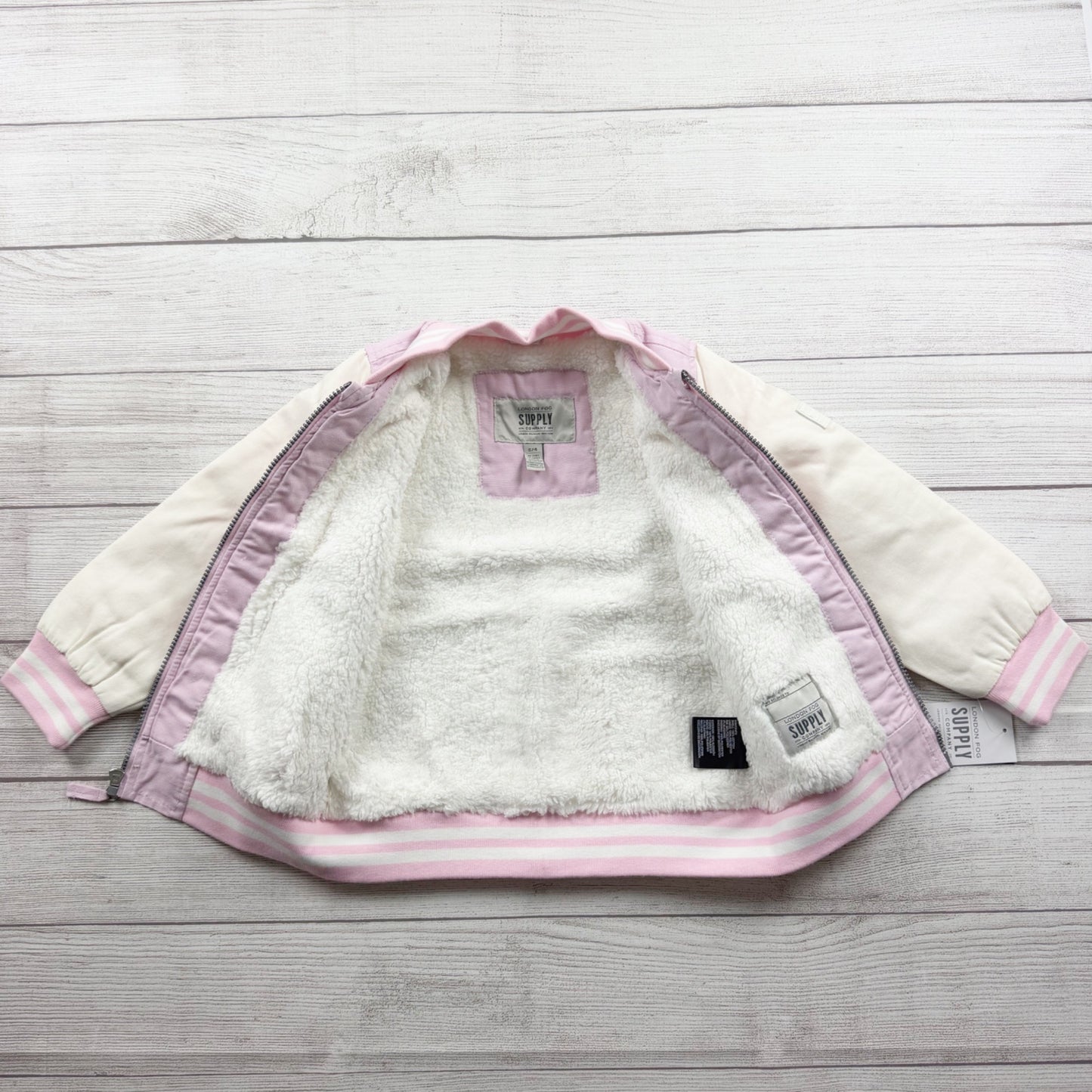 London Fog Girls Varsity Jacket Pink Sherpa Lined Bomber Zip Up NWT 4
