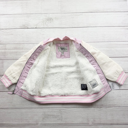 London Fog Girls Varsity Jacket Pink Sherpa Lined Bomber Zip Up NWT 4