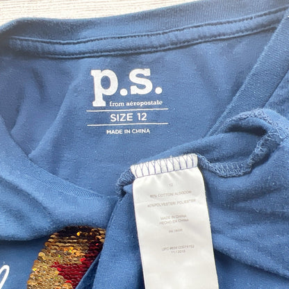 P.S. From Aeropostale Girls Blue Flip Sequin Emoji Smile T-Shirt 12