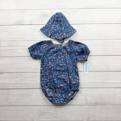 Carter's Girl Floral Bubble Romper Hat Set Lightweight Outfit NWT 12-18 Months