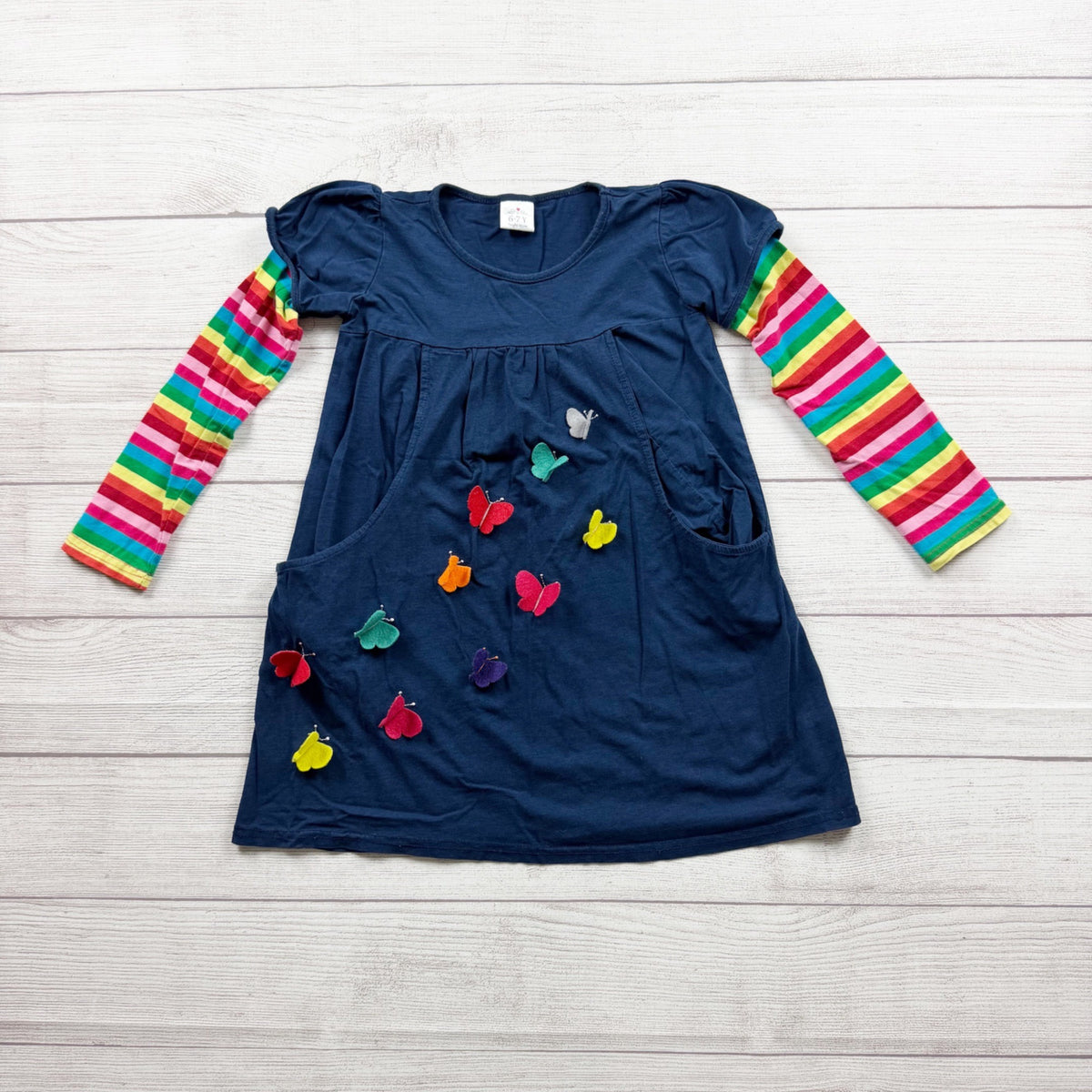 Navy Blue Girls Long Sleeve Dress Striped Sleeves Felt Butterfly Accents 6-7