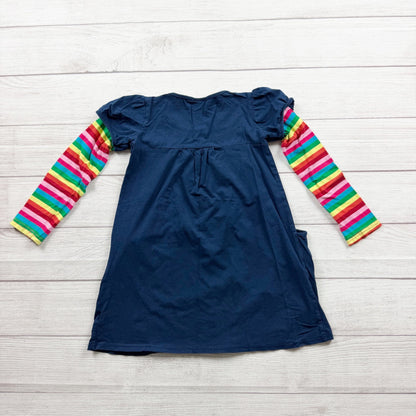 Navy Blue Girls Long Sleeve Dress Striped Sleeves Felt Butterfly Accents 6-7
