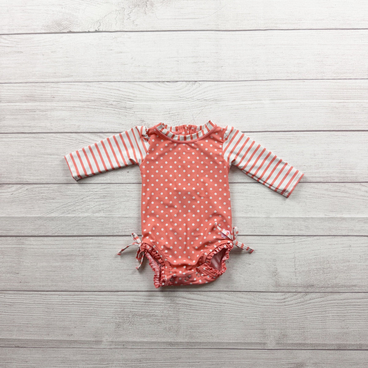 RuffleButts Baby Girls Coral Polka Dot Striped Long Sleeve Swimsuit 3-6 Months