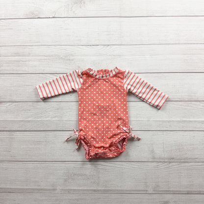 RuffleButts Baby Girls Coral Polka Dot Striped Long Sleeve Swimsuit 3-6 Months