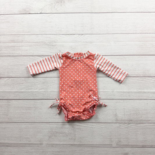 RuffleButts Baby Girls Coral Polka Dot Striped Long Sleeve Swimsuit 3-6 Months