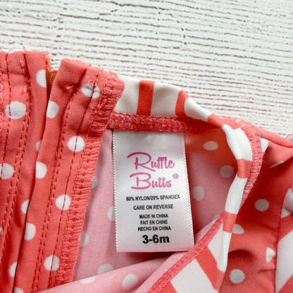 RuffleButts Baby Girls Coral Polka Dot Striped Long Sleeve Swimsuit 3-6 Months