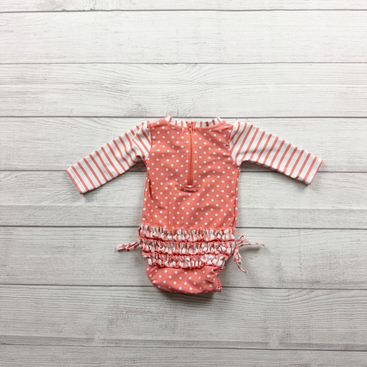 RuffleButts Baby Girls Coral Polka Dot Striped Long Sleeve Swimsuit 3-6 Months