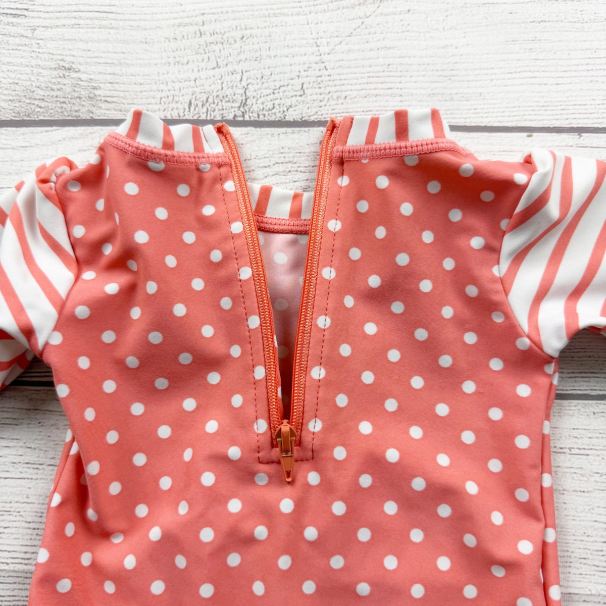 RuffleButts Baby Girls Coral Polka Dot Striped Long Sleeve Swimsuit 3-6 Months