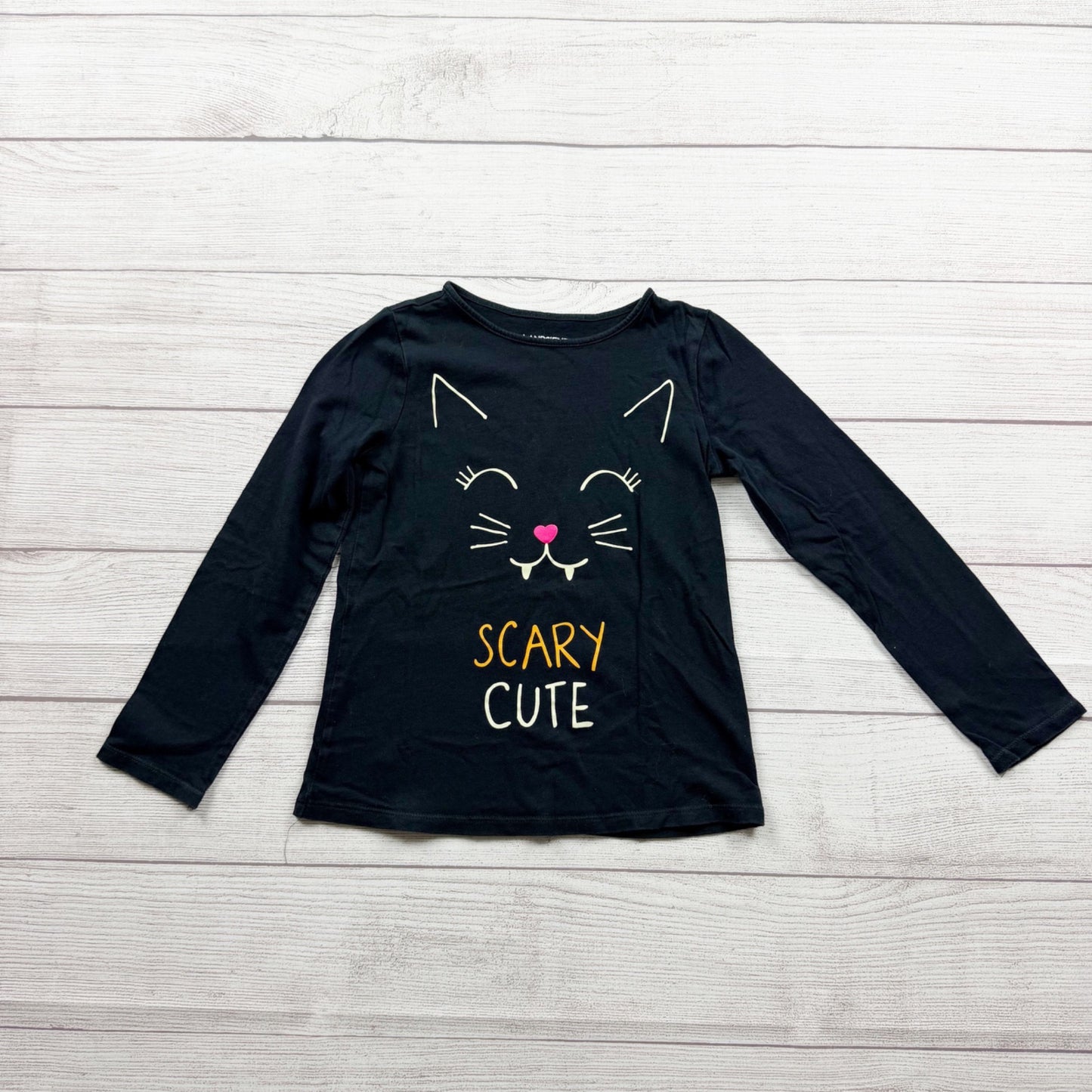 Lands End Girls Black Scary Cute Halloween Cat Graphic Long Sleeve Tee M 5-6