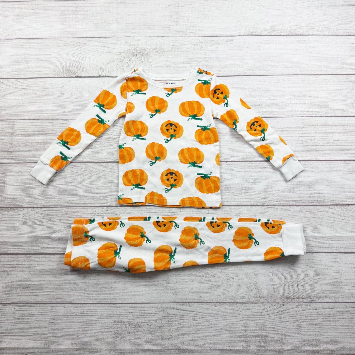 Old Navy Halloween Pumpkin Print Kids Pajamas Set White Orange 4T