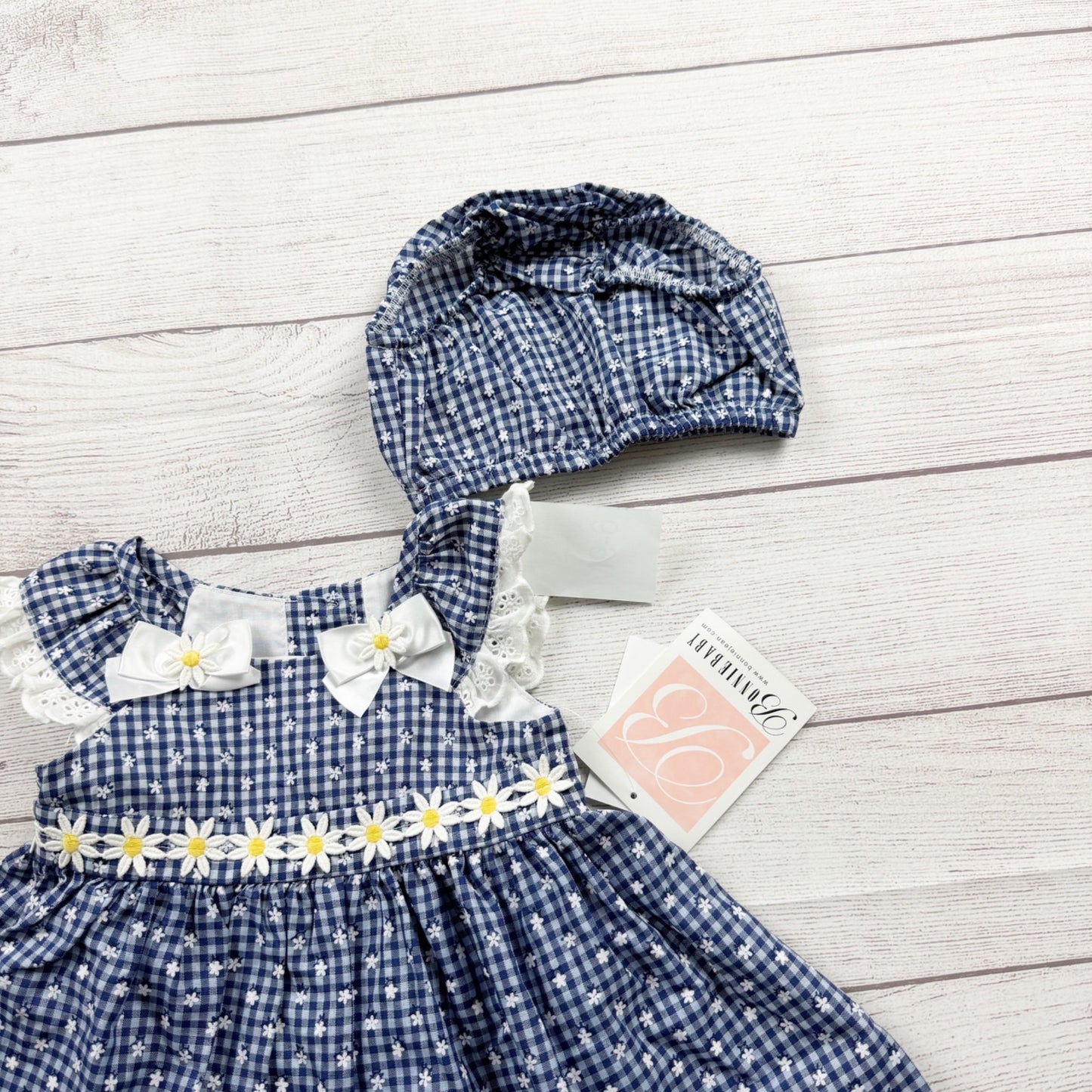 Bonnie Jean Baby Girls Dress Navy Gingham Floral Eyelet Trim NWT 6-9 Months
