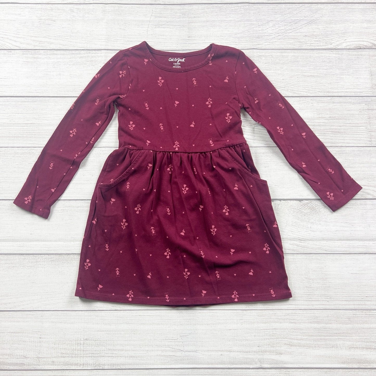 Cat & Jack Girls Dress Burgundy Long Sleeve Floral Pocket Dress S 6 6X