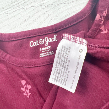 Cat & Jack Girls Dress Burgundy Long Sleeve Floral Pocket Dress S 6 6X