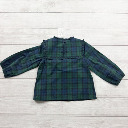 Crewcuts Girls Plaid Top Green Blue Plaid Ruffle Yoke Long Sleeve NWT 4-5