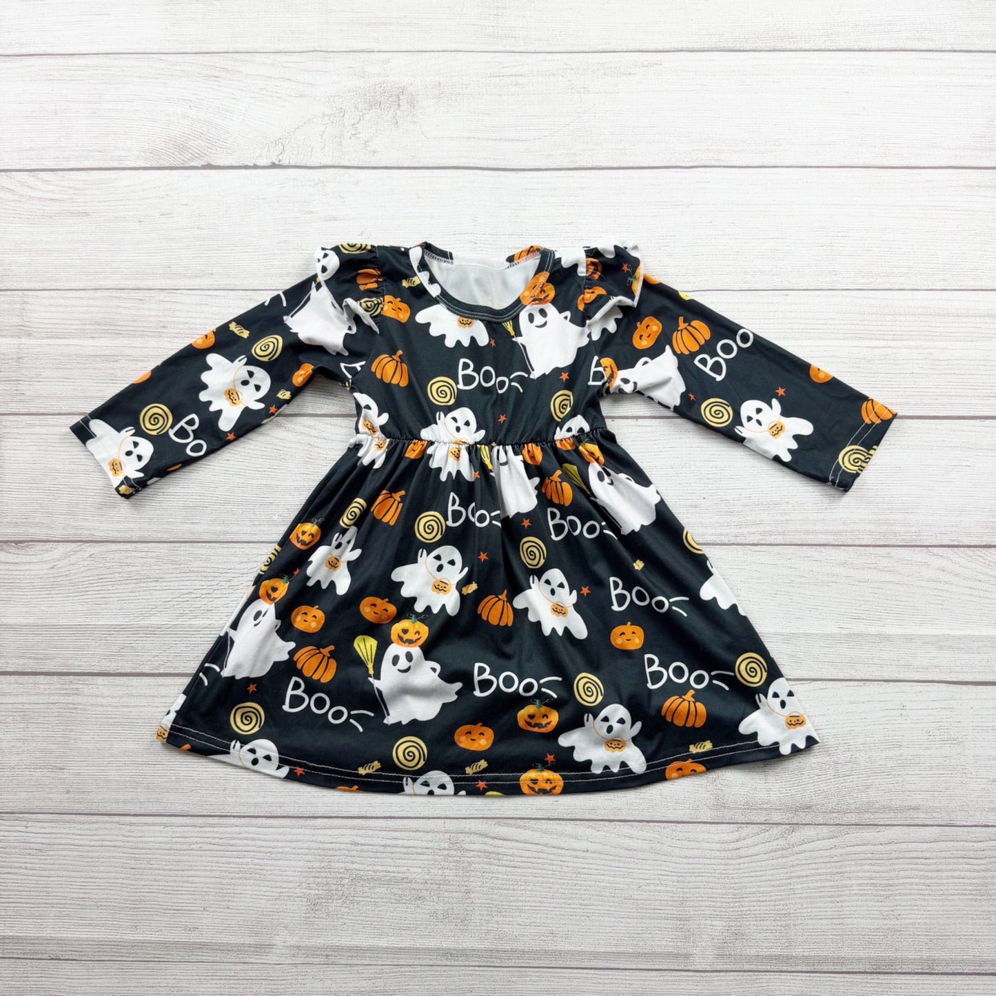 Halloween Girls Long Sleeve Ghost Pumpkin Dress Black Festive 90 2T