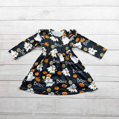 Halloween Girls Long Sleeve Ghost Pumpkin Dress Black Festive 90 2T