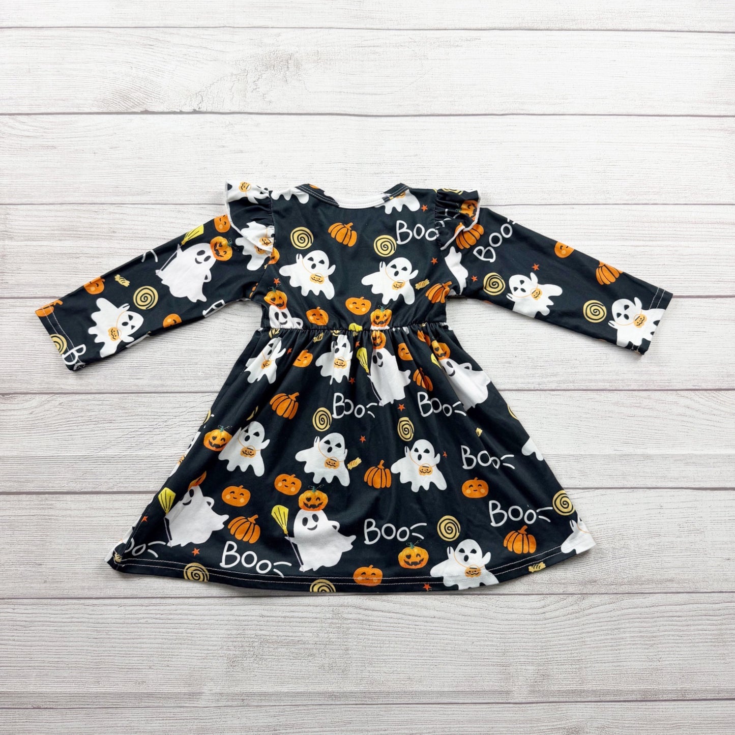 Halloween Girls Long Sleeve Ghost Pumpkin Dress Black Festive 90 2T